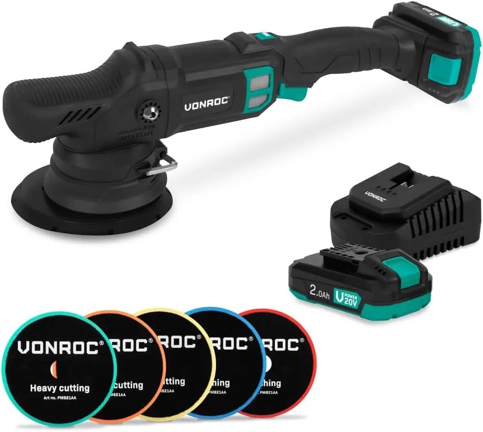 VONROC PRO Polisseuse à double action 20 V - Ø 150 mm - Moteur sans balais -7 vitesses 2000-5000/min – noir/gris
