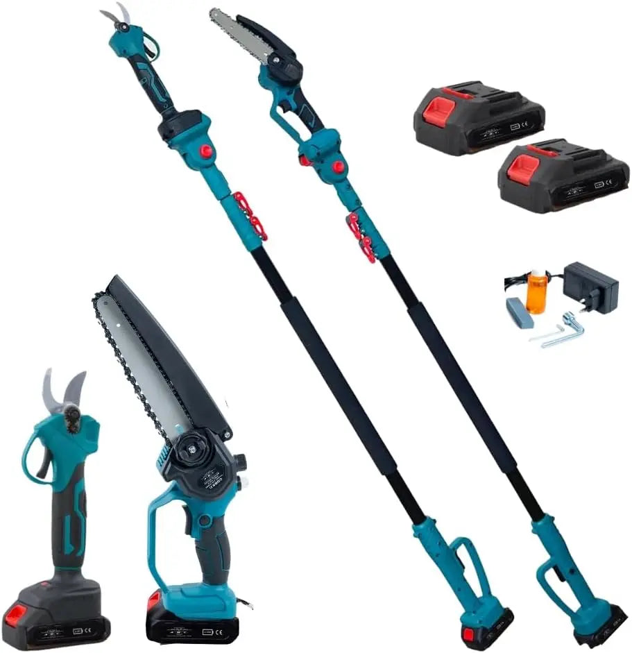 A.M.C. Kit élagage ciseaux et tronçonneuse électrique 8 pouces avec tige télescopique 128-248 cm – gris/bleu/noir