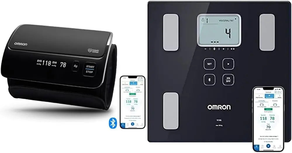 OMRON EVOLV tensiomètre bras électronique sans tube + OMRON VIVA pèse personne avec moniteur – noir/gris
