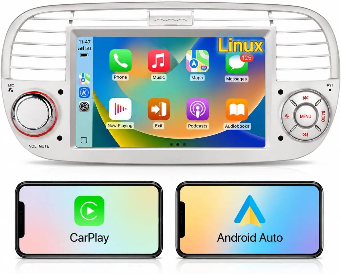Autoradio pour Fiat 500 2007‑2015 équipement multimédia pour véhicule – sans fil, blanc
