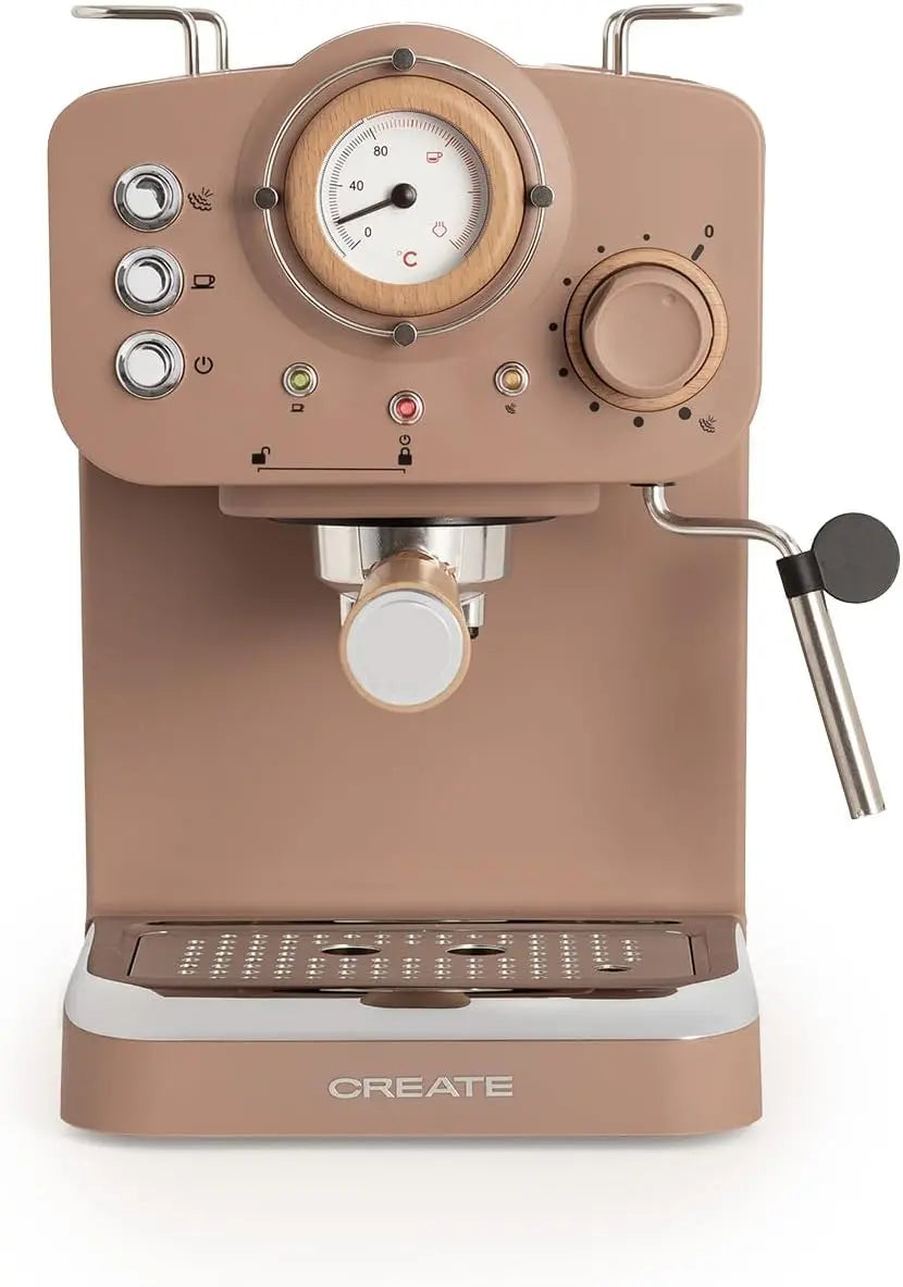CREATE / THERA RETRO/Cafetière express semi-automatique moka mat et bois / 20 bar – 1100 W, 1,25 L, gris/beige