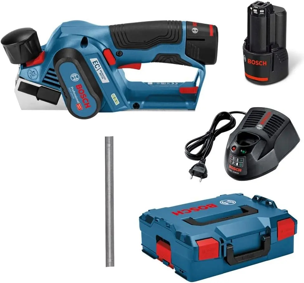 Bosch Professional 12V système rabot sans-fil GHO 12V-20 largeur de rabotage maxi : 56 mm – 3,0 Ah, bleu/gris/noir