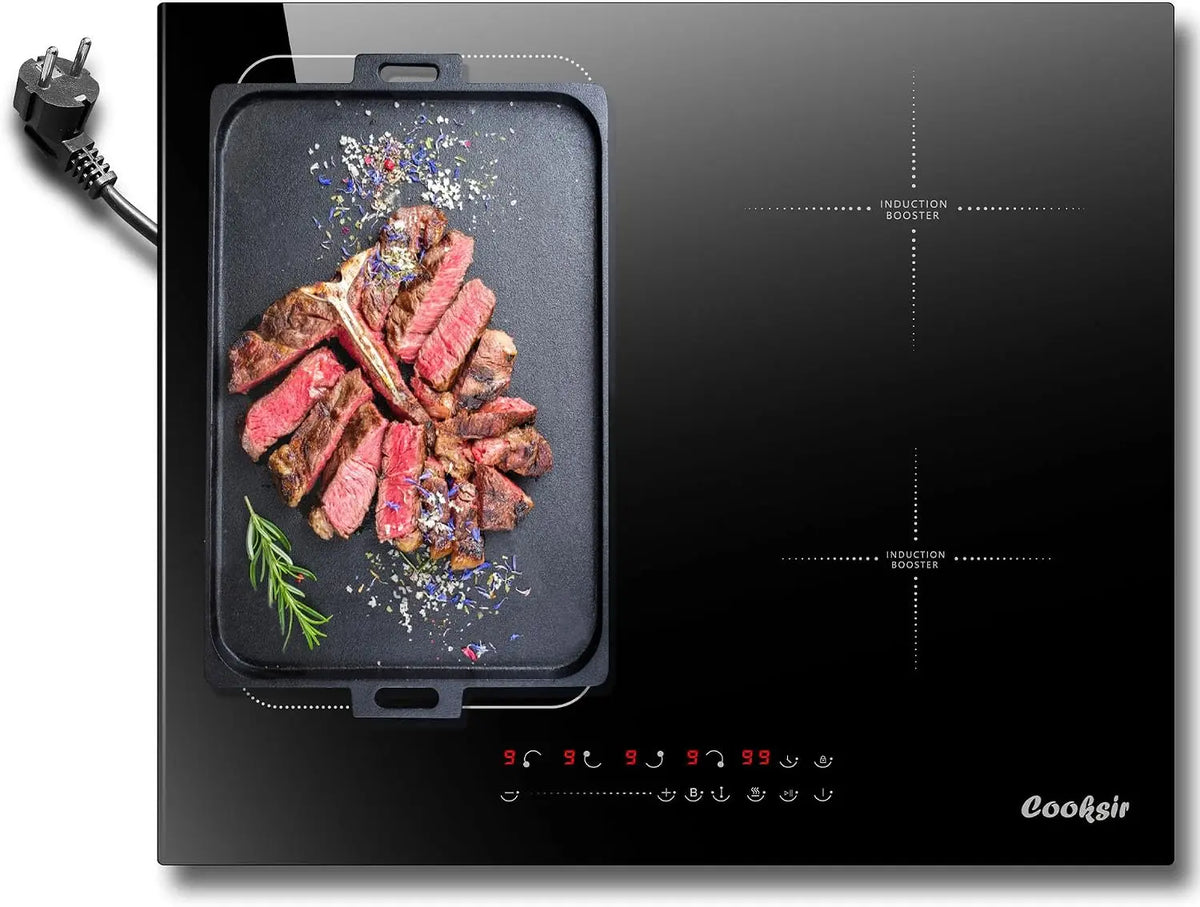 Plaque Induction 4 Feux avec Zone Flexible et Prise – 1800 W / 3500 watts, 59 x 52 x 6,1 cm, noir/gris