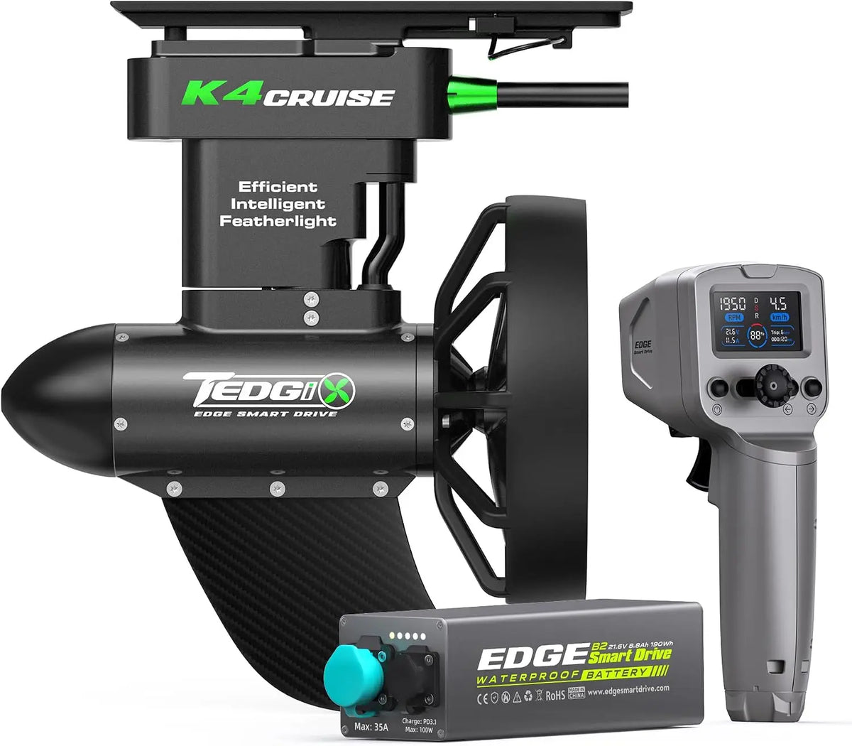 Moteur Tedgix K4C pour SUP et Kayak – sans fil, 400 W, 190 Wh, gris/noir