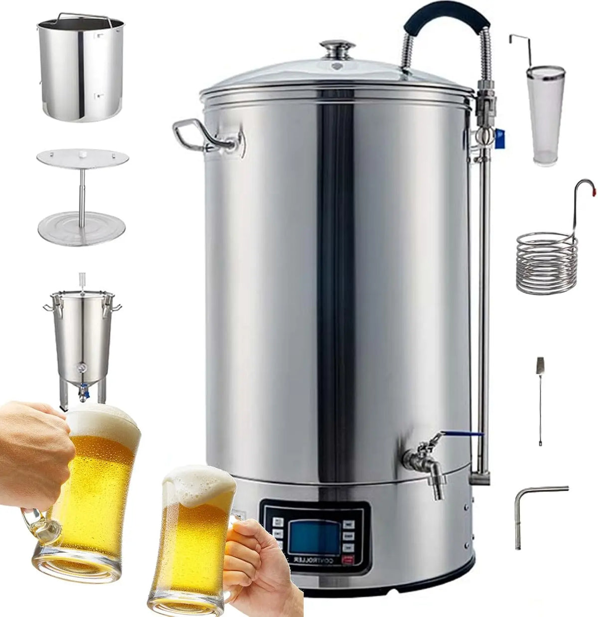 Système de brassage électrique en acier inoxydable de 60 litres avec refroidissement rapide et contrôle – 2500 W / 1800 W, 60 litres / 30 L, argenté