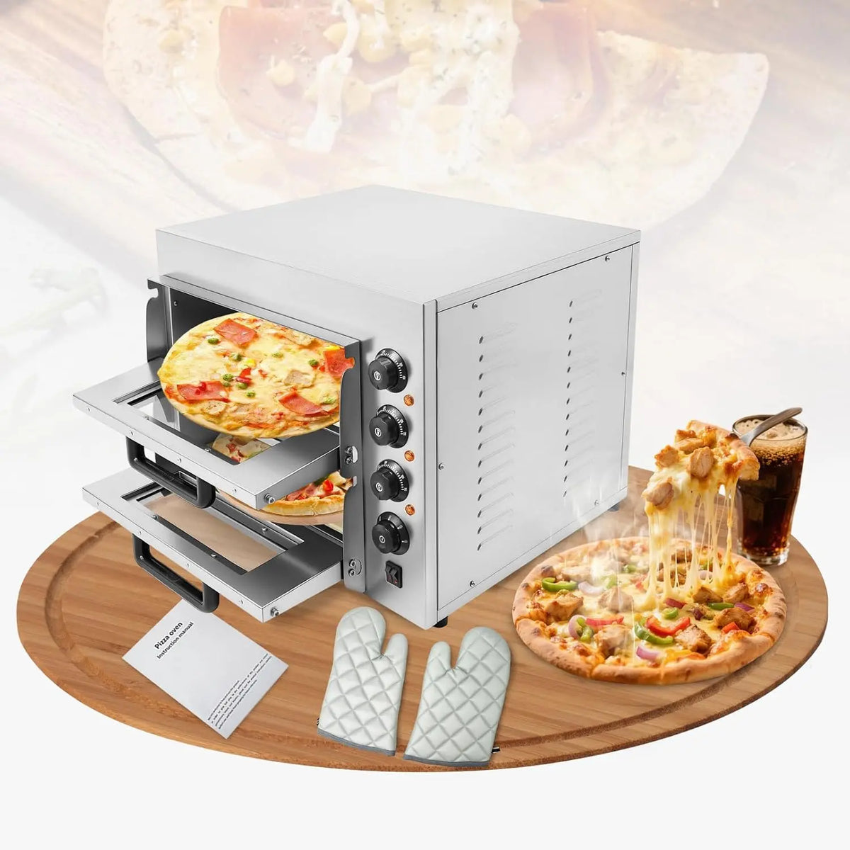 Mini four à pizza électrique double couche 3000 W avec fonction minuterie et gants – 57 x 47,5 x 44 cm, 50 Hz, blanc/gris/orange