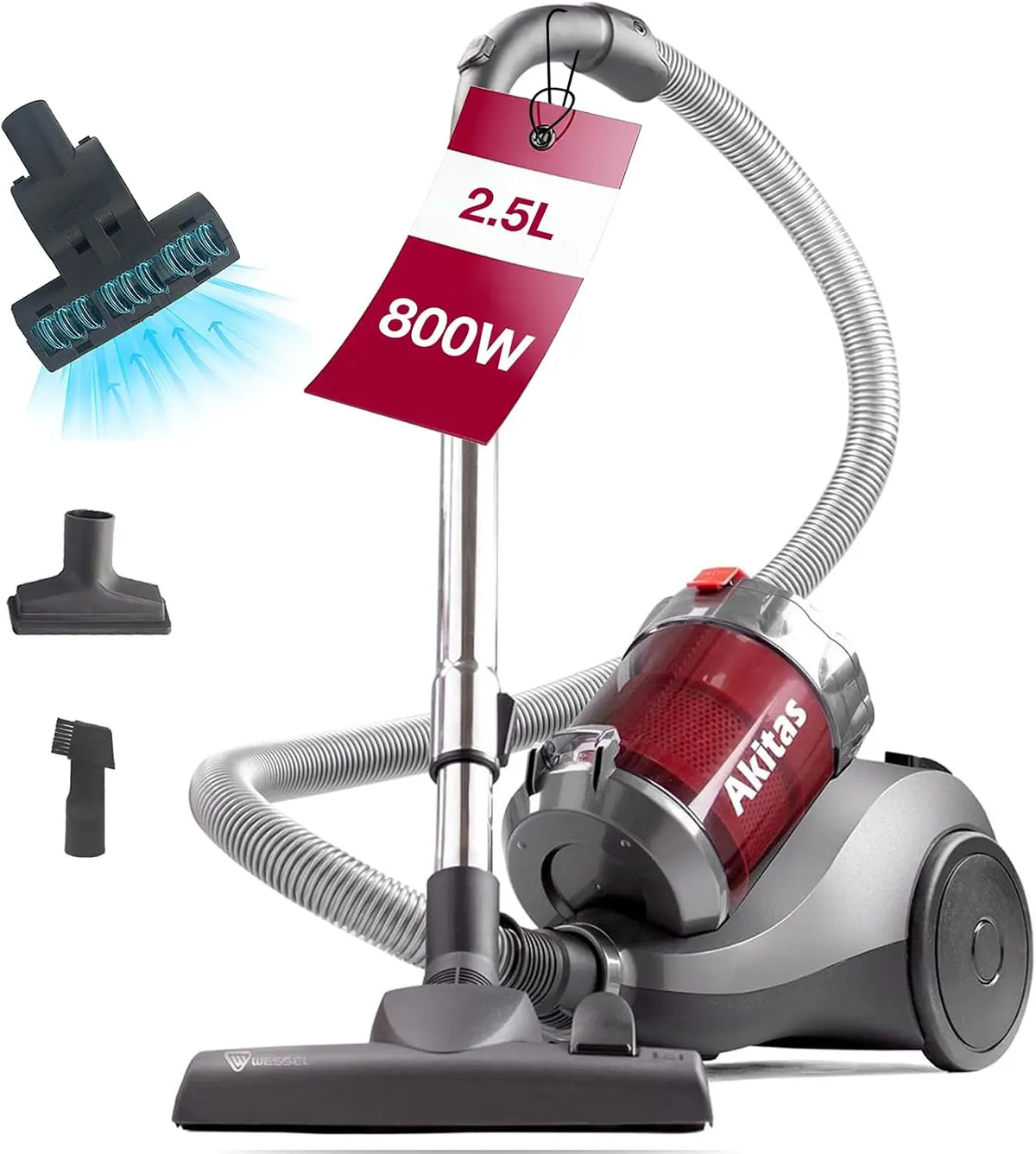 Akitas Aspirateur sans Sac 800W 2,5L avec Brosse Turbo Pet Hair et Brosse 2-en-1 Allemande Wessel Werk – gris