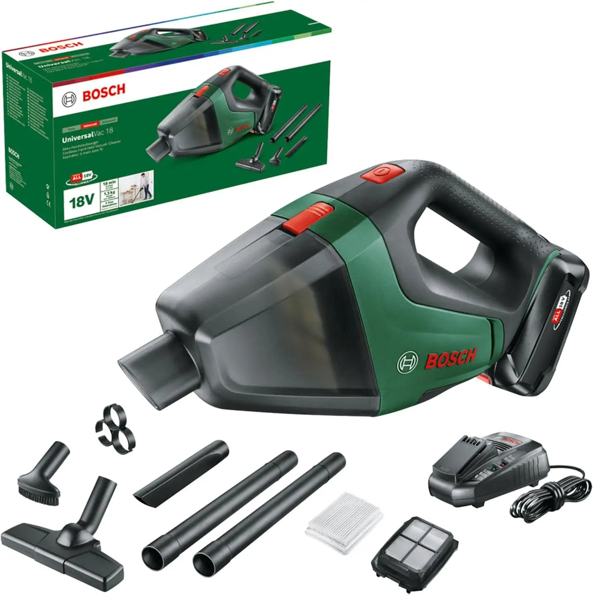 Bosch Aspirateur sans fil UniversalVac 18 batterie 2,5 Ah – 500 ml, 1,7 m³/min, gris/vert
