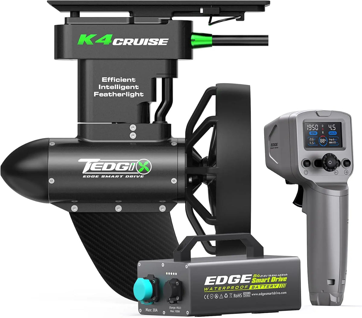 Moteur Tedgix K4C pour SUP et Kayak – sans fil, 400 W, 423 Wh, gris/noir