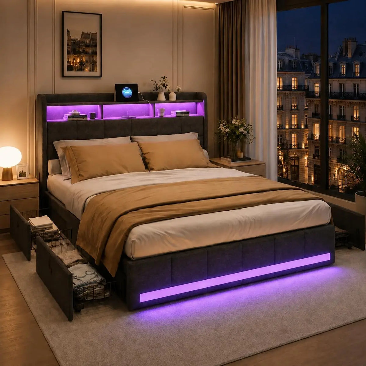 Lit 160x200 avec sommier éclairage LED et Charge USB – 160 x 200 cm, gris