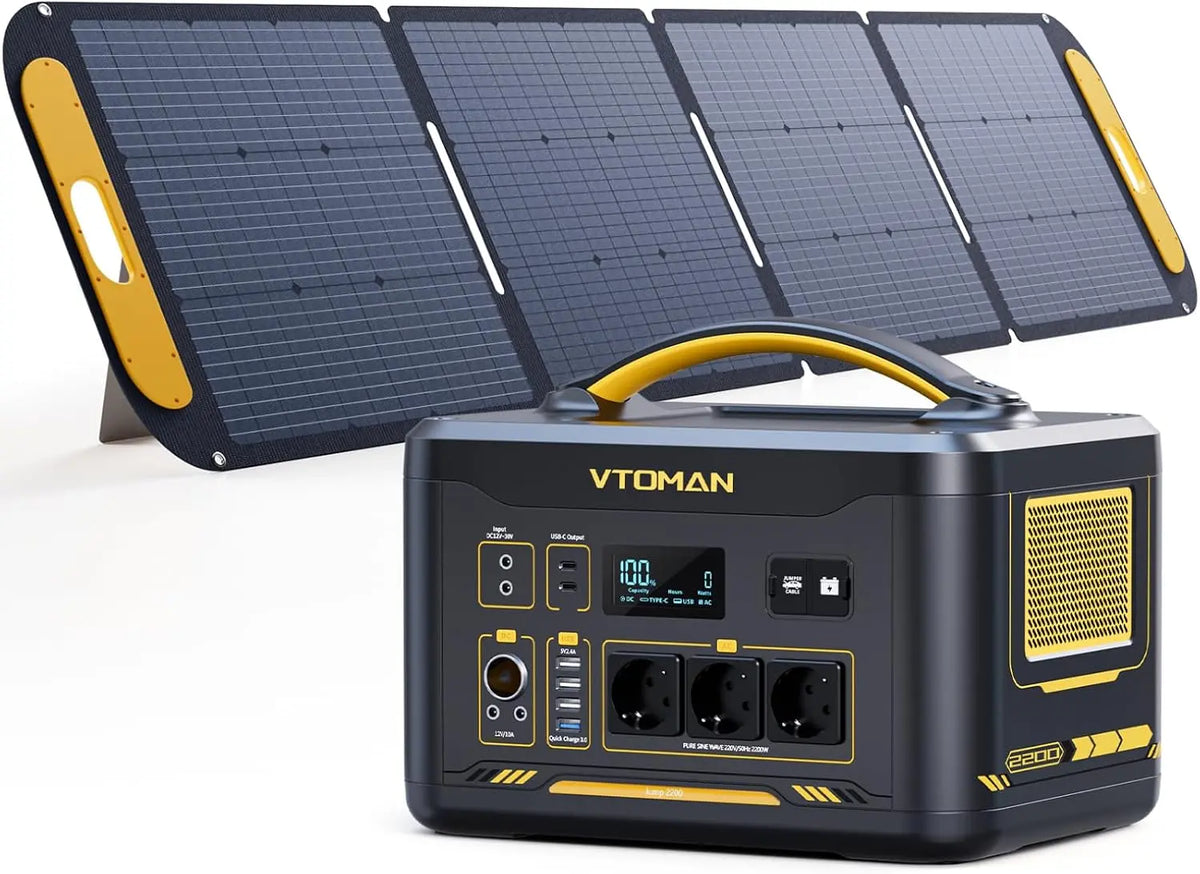 VTOMAN Jump 2200 Station électrique portable avec 200W Panneau Solaire – 1548 Wh, 50 Hz, bleu/gris