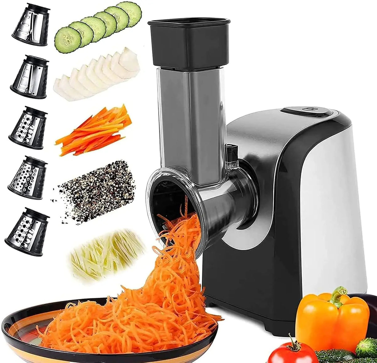 Coupe-Légumes Électrique 150W - Râpe Électrique 5 en 1 avec 5 Lames Inox – argenté