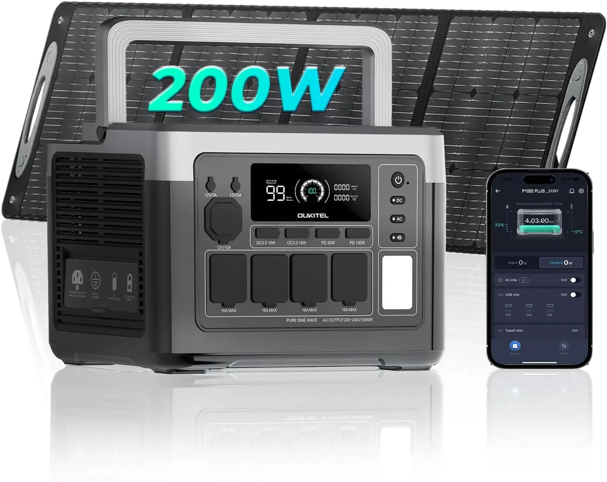 OKITEL P1000PLUS Générateur Solaire portable 1800W avec Panneau 200W – 1800 W / 200 W, 1024 Wh, gris/noir