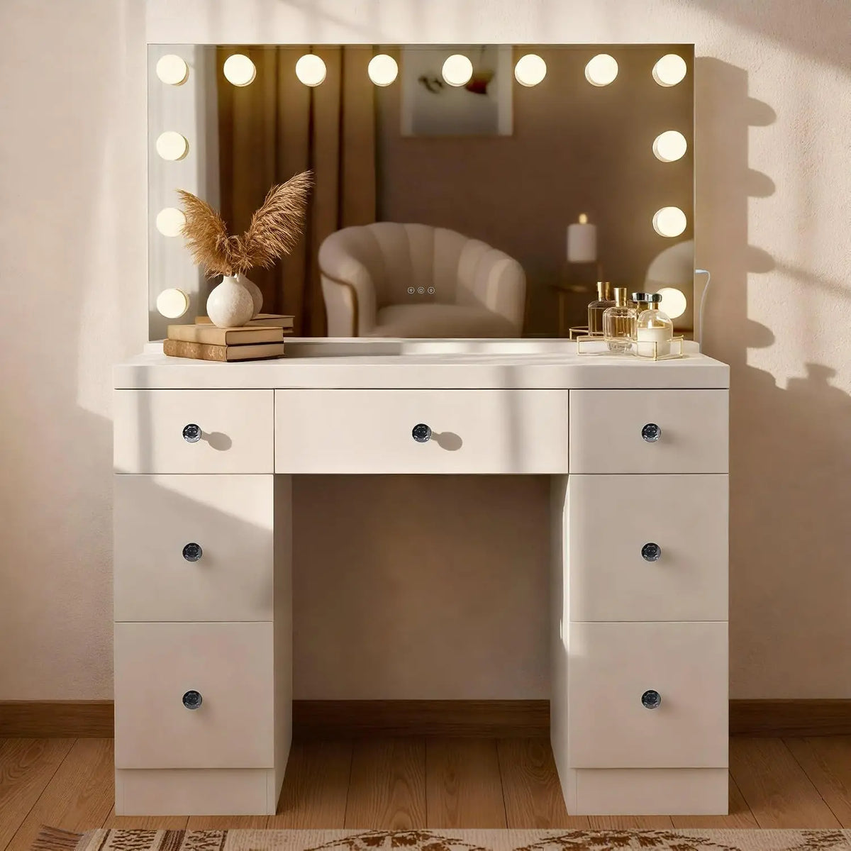 Coiffeuse Lerona avec Miroir Hollywood et éclairage LED – blanc
