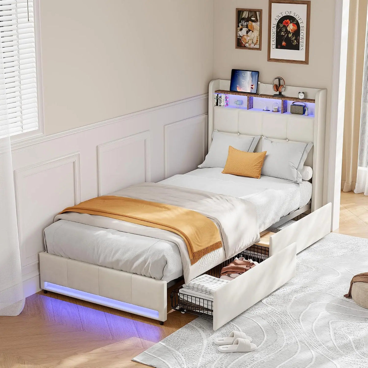 Lit Rembourré 90x200 cm avec Rangement – gris/beige