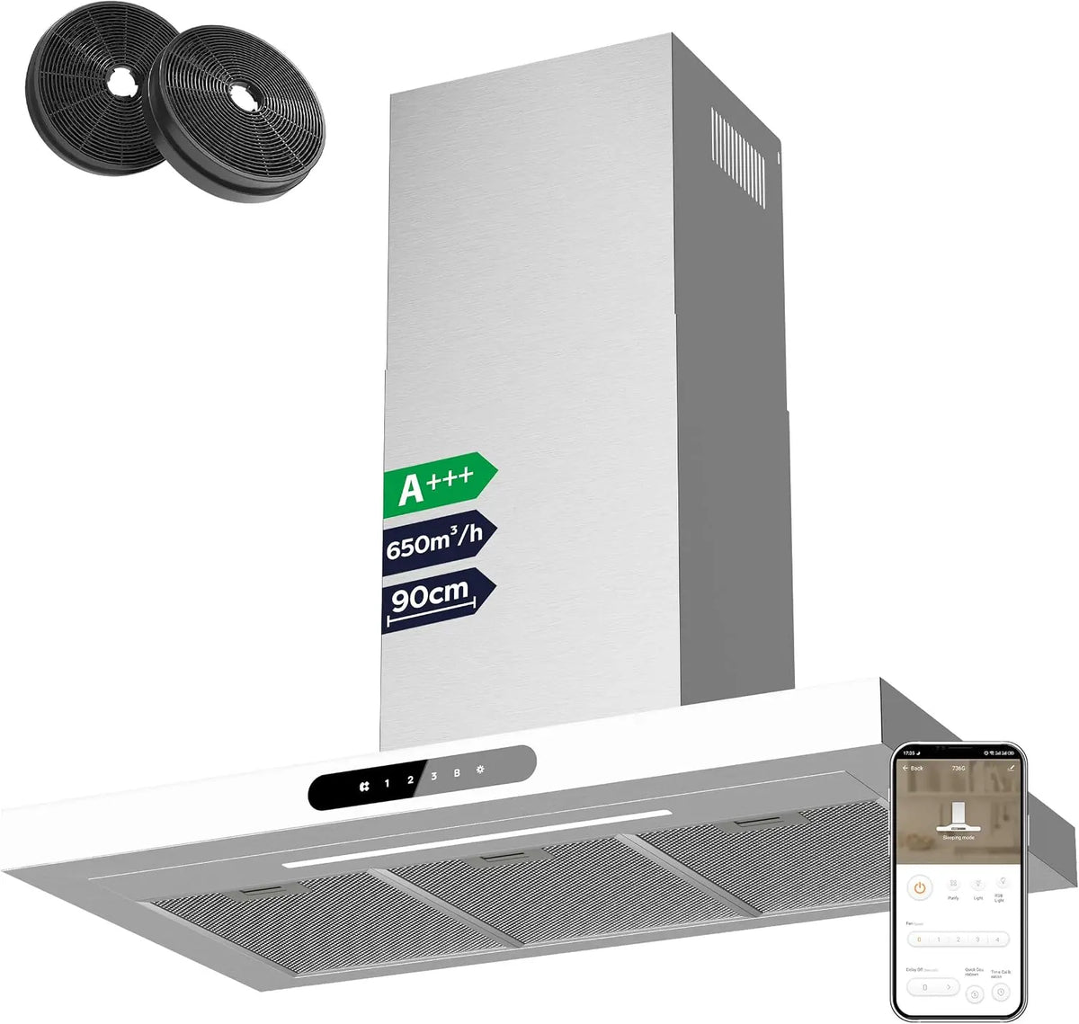Ciarra Hotte Aspirante Class A+++ 90cm 650m³/h Tactiles et WiFi Connectée 4 Vitesses&Fonction Boost