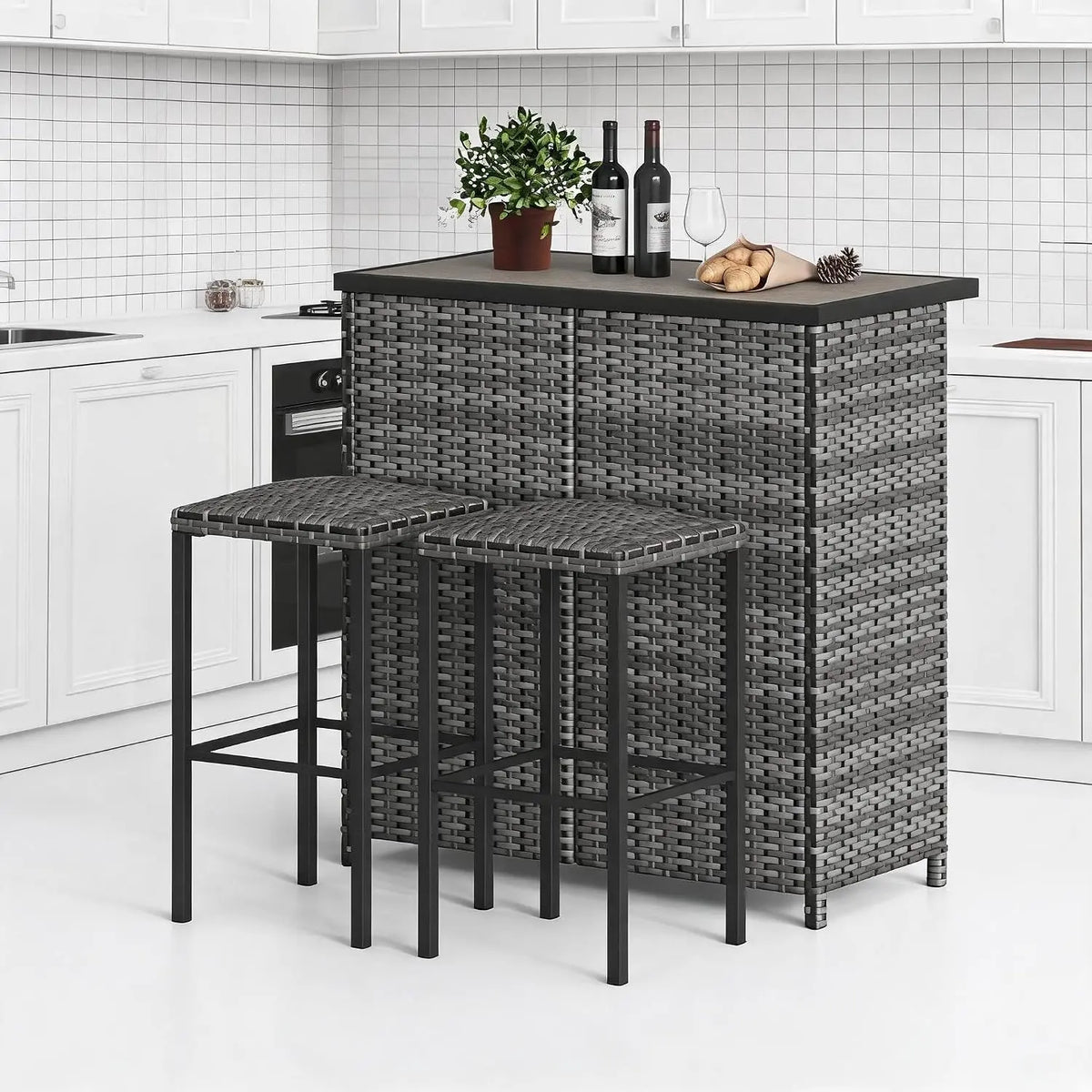 Ensemble Bar De Jardin 3 Pièces en Résine Tressée PE – gris