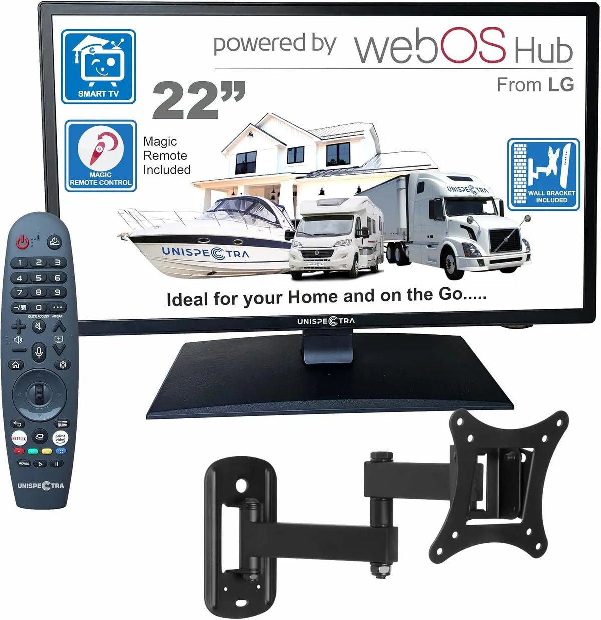 Unispectra téléviseur connecté 22' 12V avec webOS – 19 kWh, 2,4 GHz / 5 GHz, noir