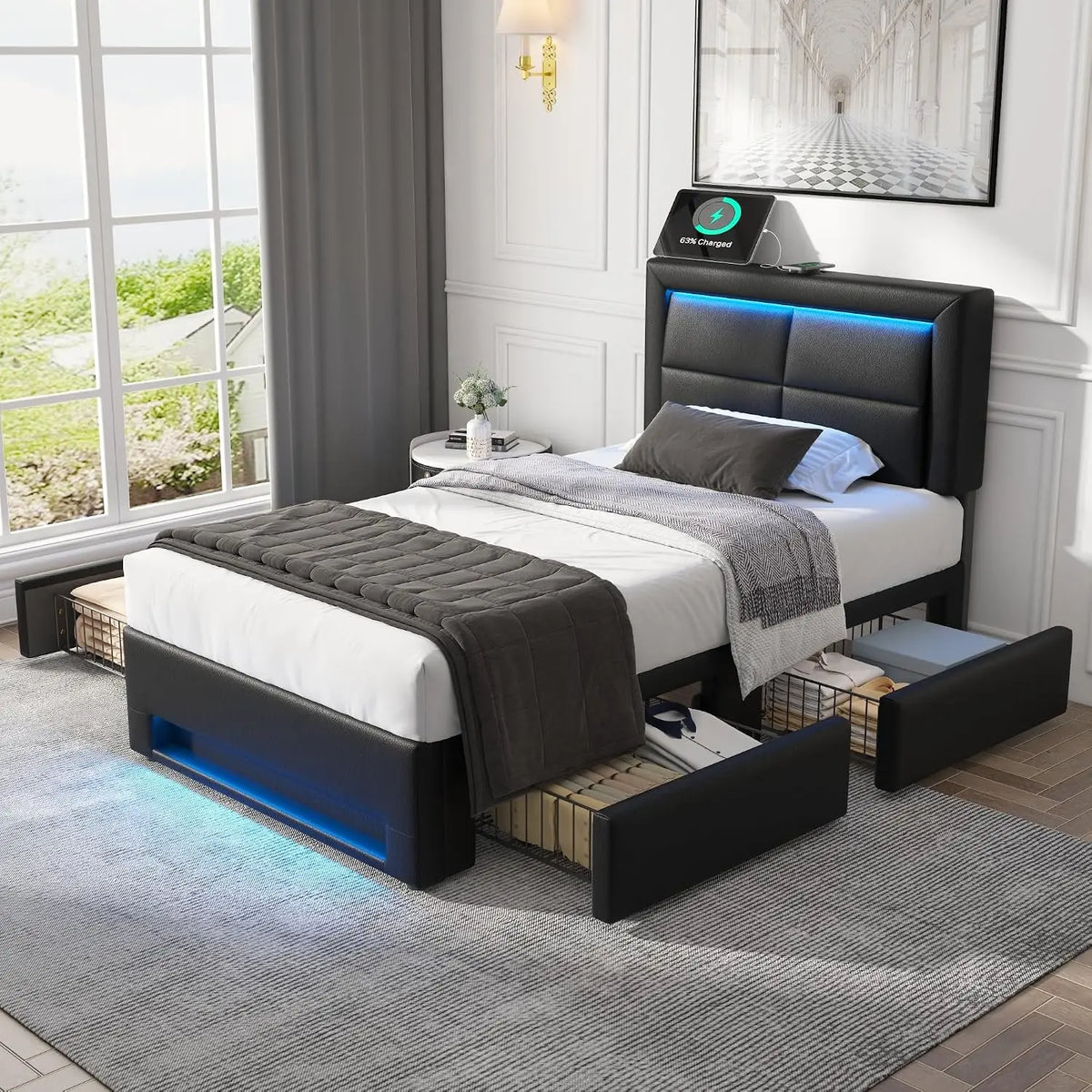 Lit 90 x 190 avec Sommier LED et USB Charge sans Fil – 95 x196 x110 cm, gris