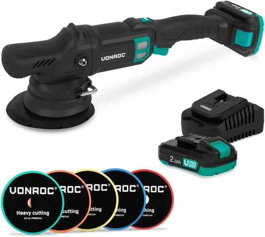 VONROC PRO Polisseuse à double action 20 V - Ø 150 mm - Moteur sans balais -7 vitesses 2000-5000/min – noir/gris