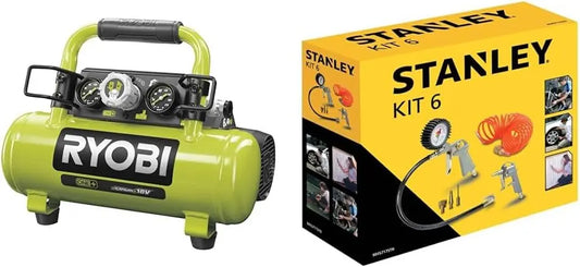 RYOBI - Compresseur à cuve 18V - 3,8 L / 0,6 CV - 8 bars - R18AC-0 & Stanley 9045717STN Accessoires – 4 L, 15 L/min / 20 L/min, 5,0 Ah, jaune/gris