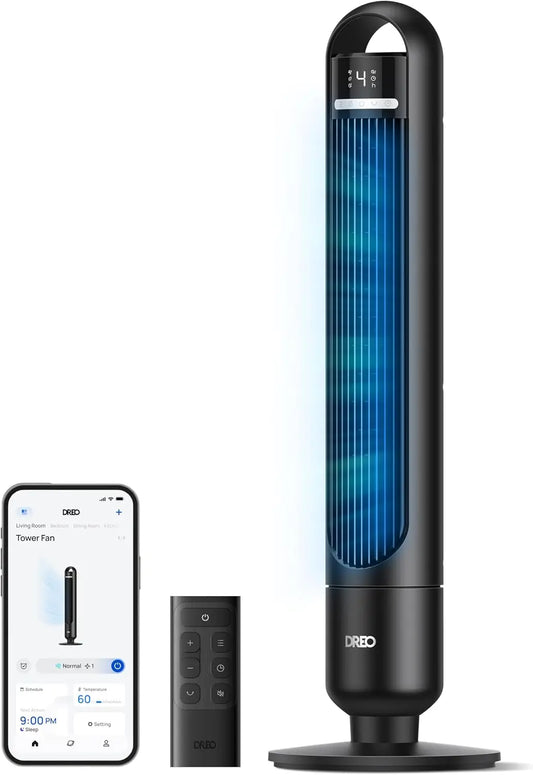 DREO ventilateur colonne intelligent pour chambre à coucher – gris/bleu/noir