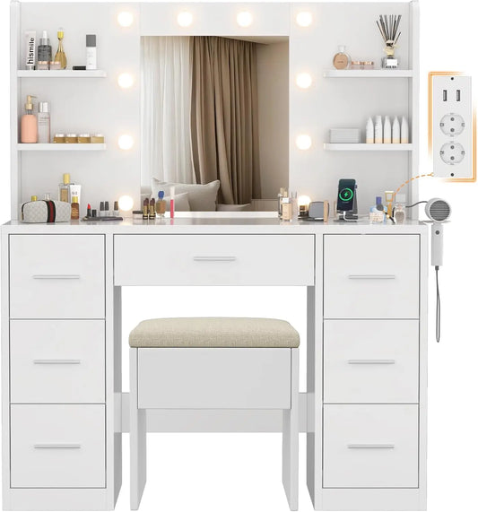 Devoko Grande Coiffeuse avec Miroir et Tabouret – 110 x 40 x 137 cm, blanc