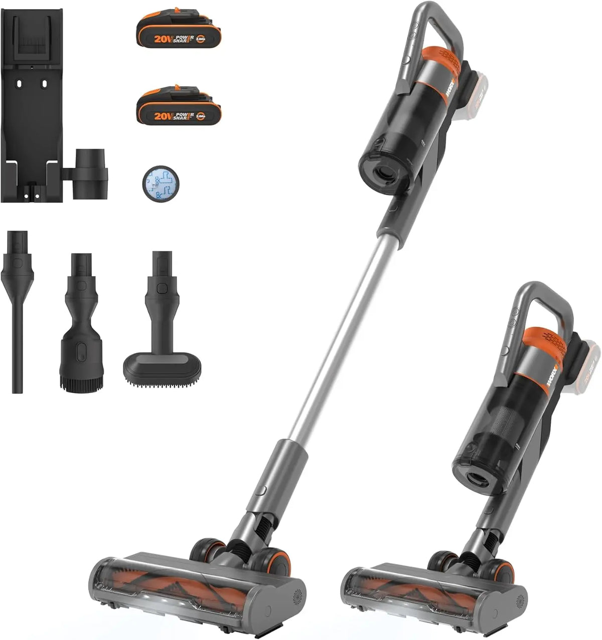 WORX Aspirateur Balai sans Fil 20V WX038 Aspirateur à Main Batteries – 2,0 Ah, gris/noir