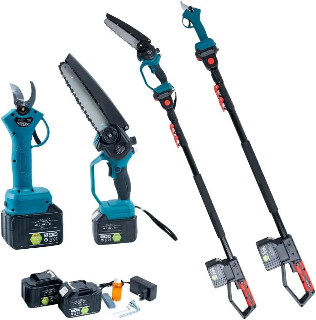 A.M.C. Kit élagage ciseaux à batterie 88 V et tronçonneuse à batterie 8 pouces avec huileur + tige – gris/bleu/noir