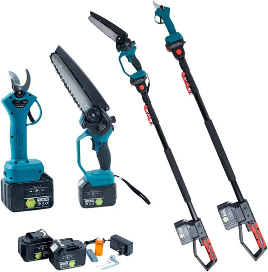 A.M.C. Kit élagage ciseaux à batterie 88 V et tronçonneuse à batterie 8 pouces avec huileur + tige – gris/bleu/noir
