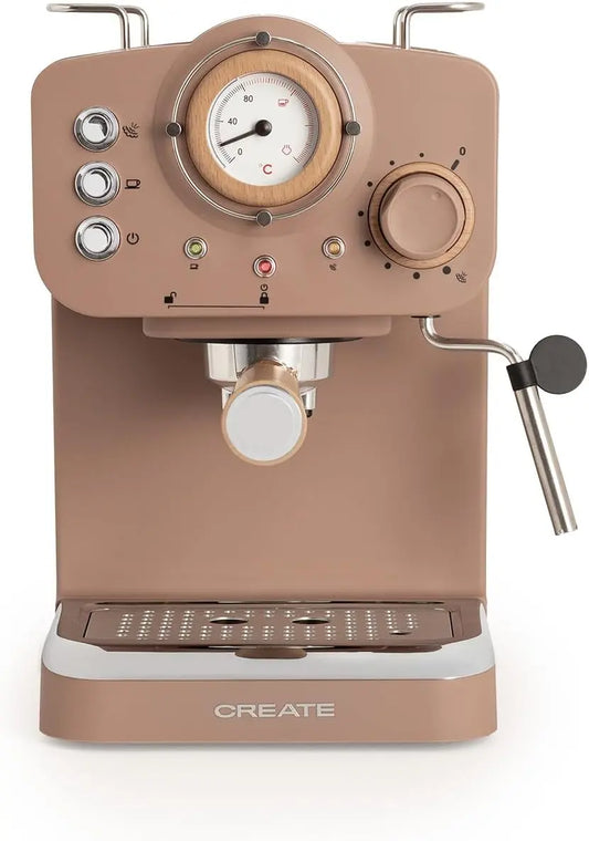 CREATE / THERA RETRO/Cafetière express semi-automatique moka mat et bois / 20 bar – 1100 W, 1,25 L, gris/beige