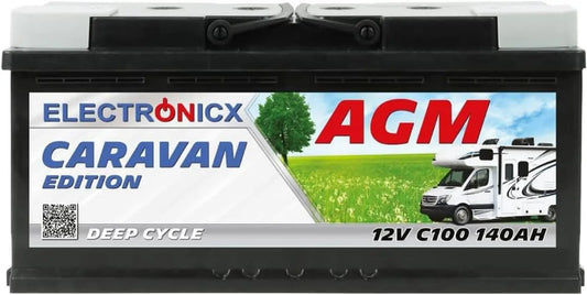 Electronicx Batterie AGM 140Ah 12V pour camping-car – 393 x175 x190 mm, noir/gris