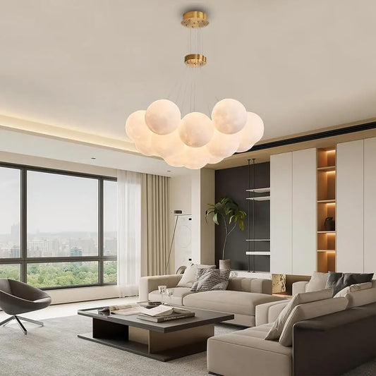 Suspension moderne or 13 lumières pour grand salon avec abat-jour sphérique blanc petit plafonnier – 7 W / 40 W