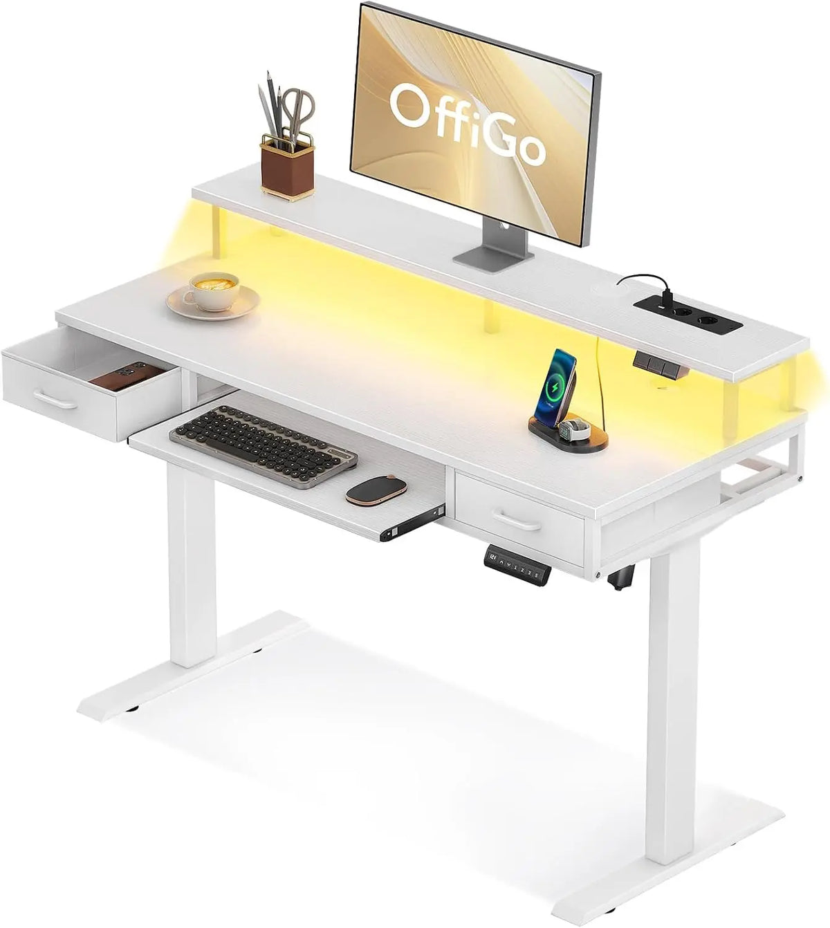OffiGo Bureau Assis Debout avec 2 Tiroirs – blanc