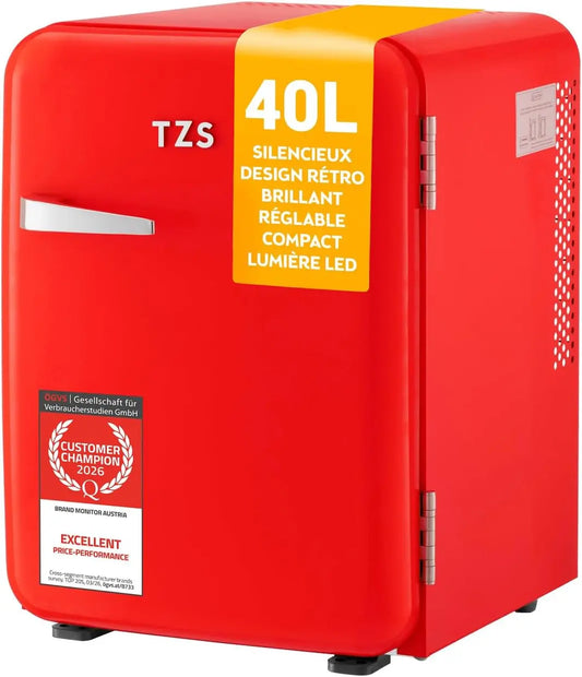 TZS First Austria - Mini Réfrigérateur Rétro 40L silencieux - Petit Minifrigo design vintage avec lumière – rouge