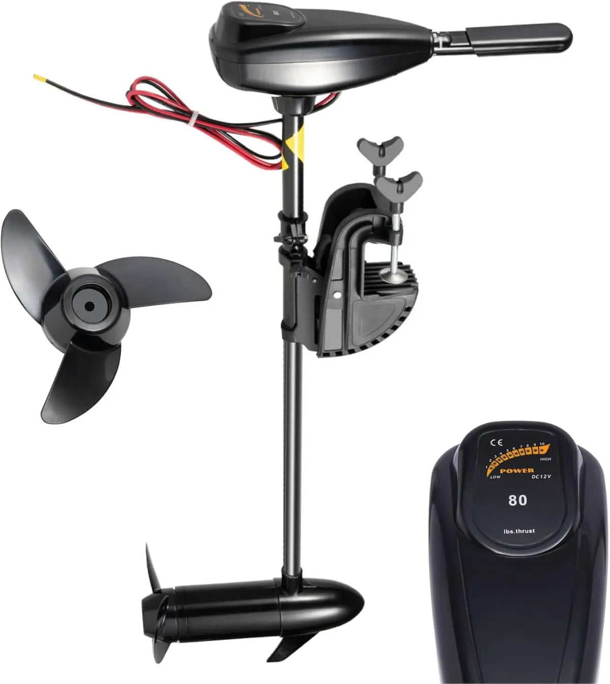 Moteur électrique 80LBS 12V hors-bord pour bateau – 800 W, 124 × 37 cm, gris/noir