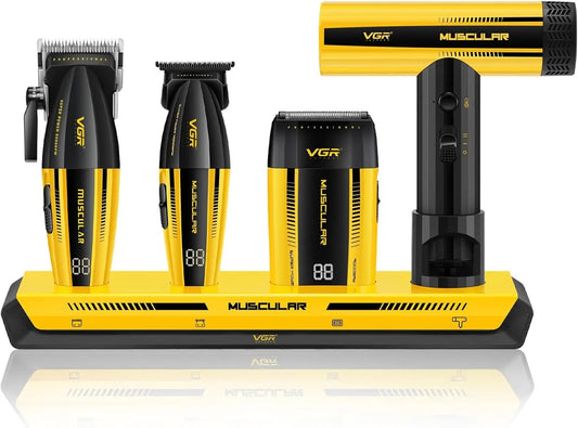 VGR 285S4 Kit Tondeuse Cheveux Hommes Professionnel 4 En 1 Avec Station – 2000 mAh / 800 mAh, gris/jaune/noir
