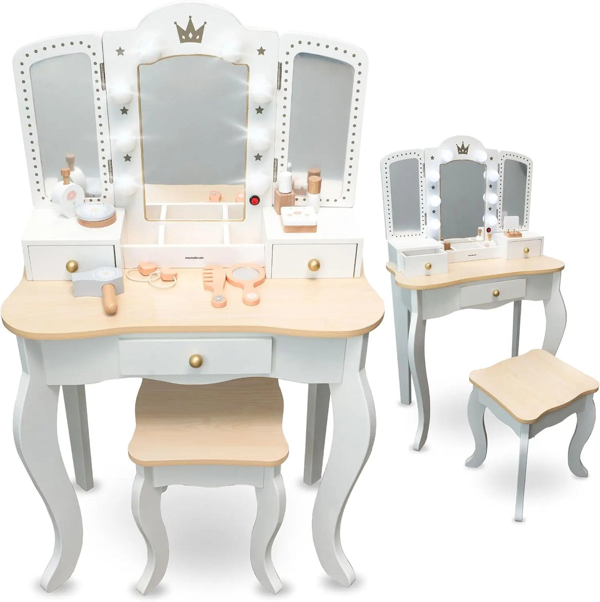 Mamabrum Coiffeuse Enfant XXL en Bois avec Tabouret & Miroir LED – gris/blanc