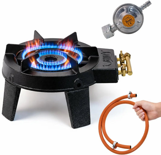Réchaud à gaz en fonte 3 feux pour camping et extérieur – gris/noir