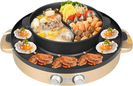 Hot Pot Professionnel - Barbecue électrique anti-adhésif 2 en 1 amovible - 28 cm - Pour intérieur – 2200 W