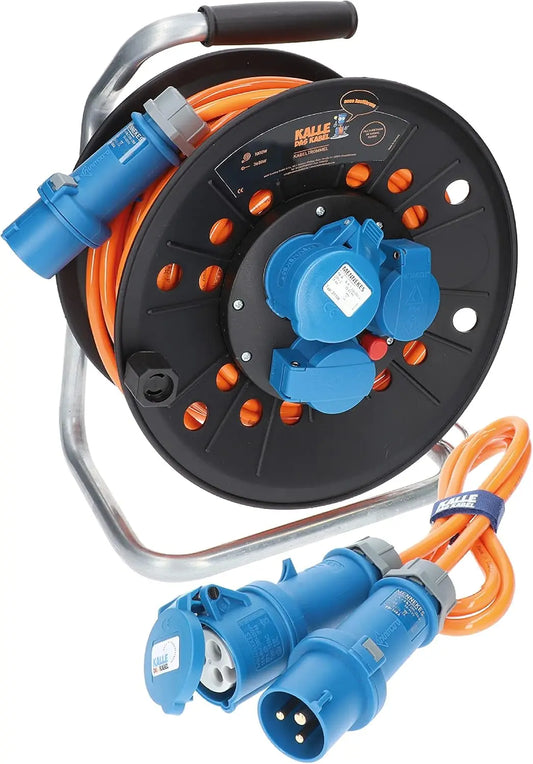 KALLE DAS KABEL Rallonge Electrique Enrouleur 25m CEE – H07BQ-F, gris/bleu/noir