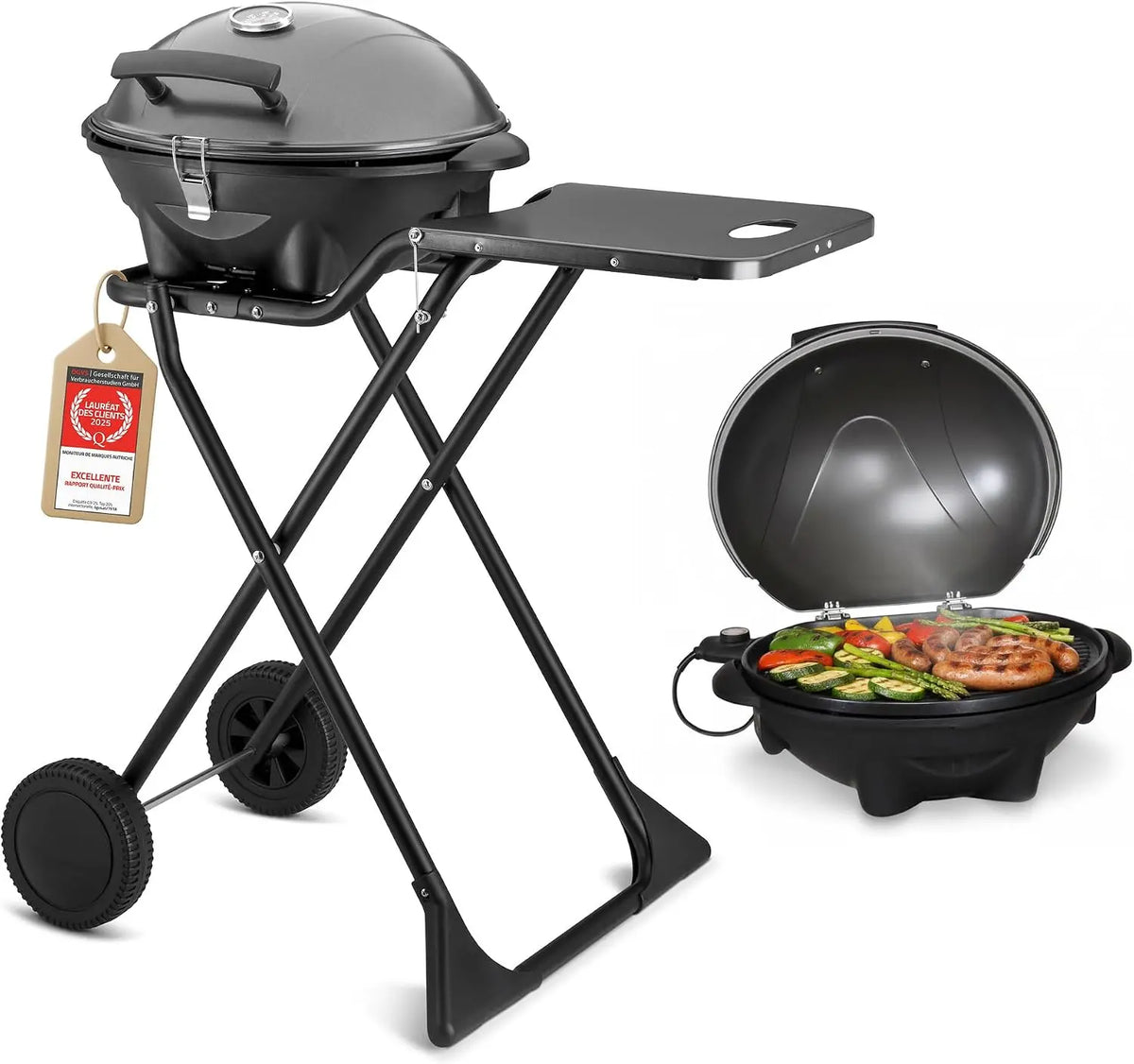 TZS First Austria - Barbecue électrique 2 en 1 de table & sol 2400W - BBQ pliable pour balcon et terrasse – gris/noir