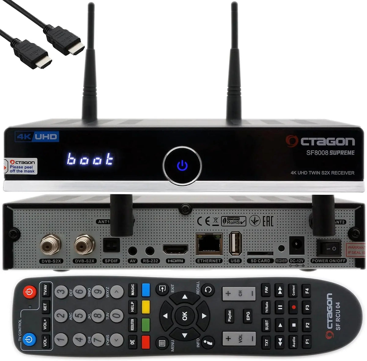 Octagon SF8008 4K Twin Supreme UHD HDR téléviseur Receiver - 2X DVB-S2X Satellite Twin Receiver – 0,5 W, 1,6 GHz, 8 Go / 1 Go, noir
