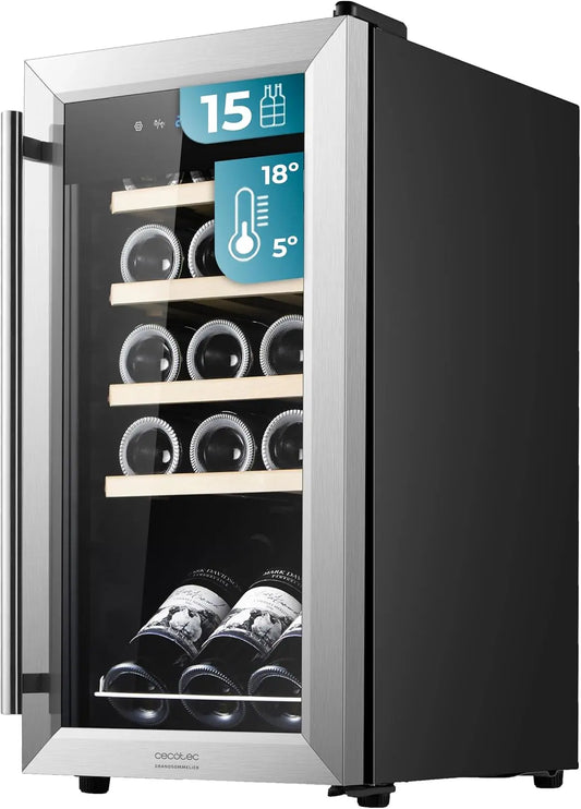 Cecotec Cave à vin Bolero GrandSommelier 1550 Inox Compressor. Cave à vin inox – 15 bouteilles, argenté