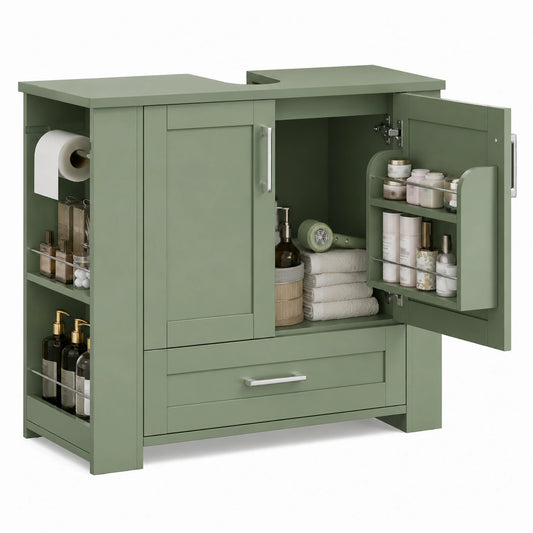 Ensemble de meubles de salle de bain, avec étagères, coloris vert, 80 x 30 x 63,5 cm, pour la salle de bain