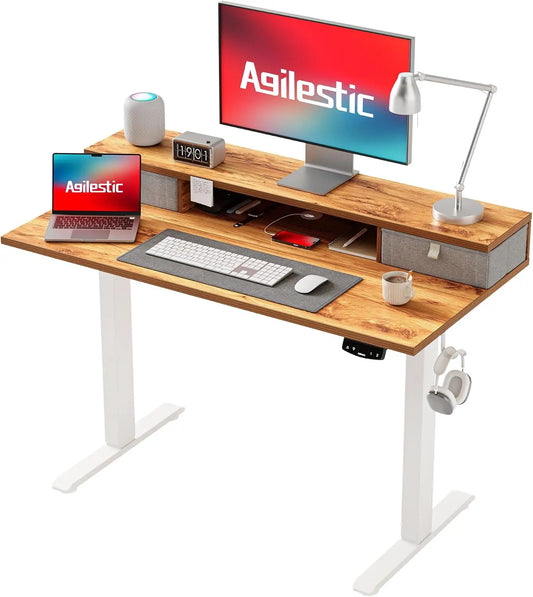 Agilestic Bureau réglable en Hauteur électrique avec 2 tiroirs – gris/orange/beige