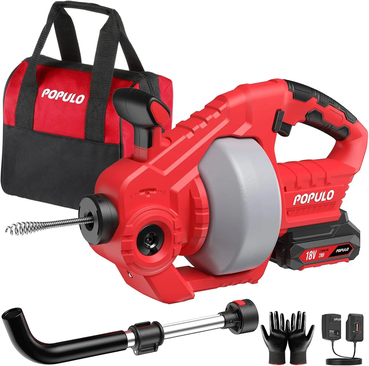 POPULO Furet Déboucheur Électrique 18 V appareil de nettoyage spécialisé – 2,0 Ah, rouge/gris/noir