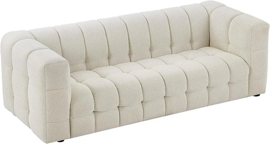 Vente-unique – - Canapé 3 Places en Tissu Bouclette Blanc Ivoire LERICI