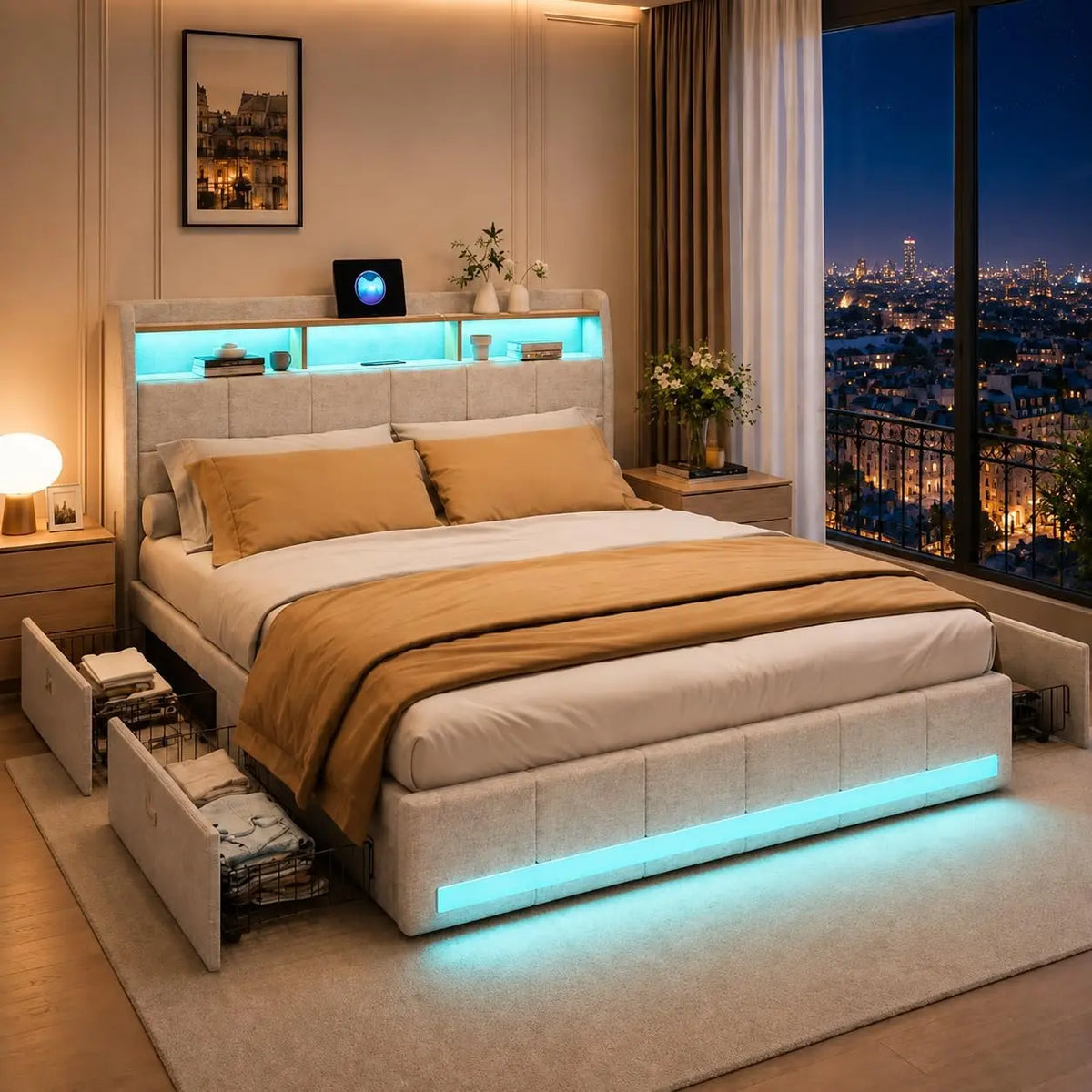 LIVLUX Lit 140x200 avec sommier éclairage LED et Charge USB – 140 x 200 cm, beige