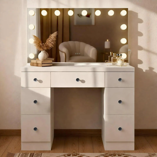 Coiffeuse Lerona avec Miroir Hollywood et éclairage LED – blanc